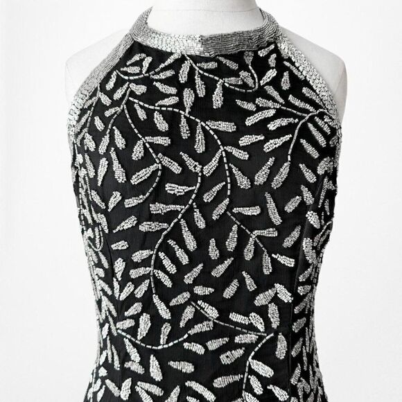Vintage Y2K Black White Gray Floral Beaded Maxi Bodycon Formal Dress M - Picture 5 of 9